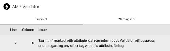 AMP Validator Extension showing Dev Mode error