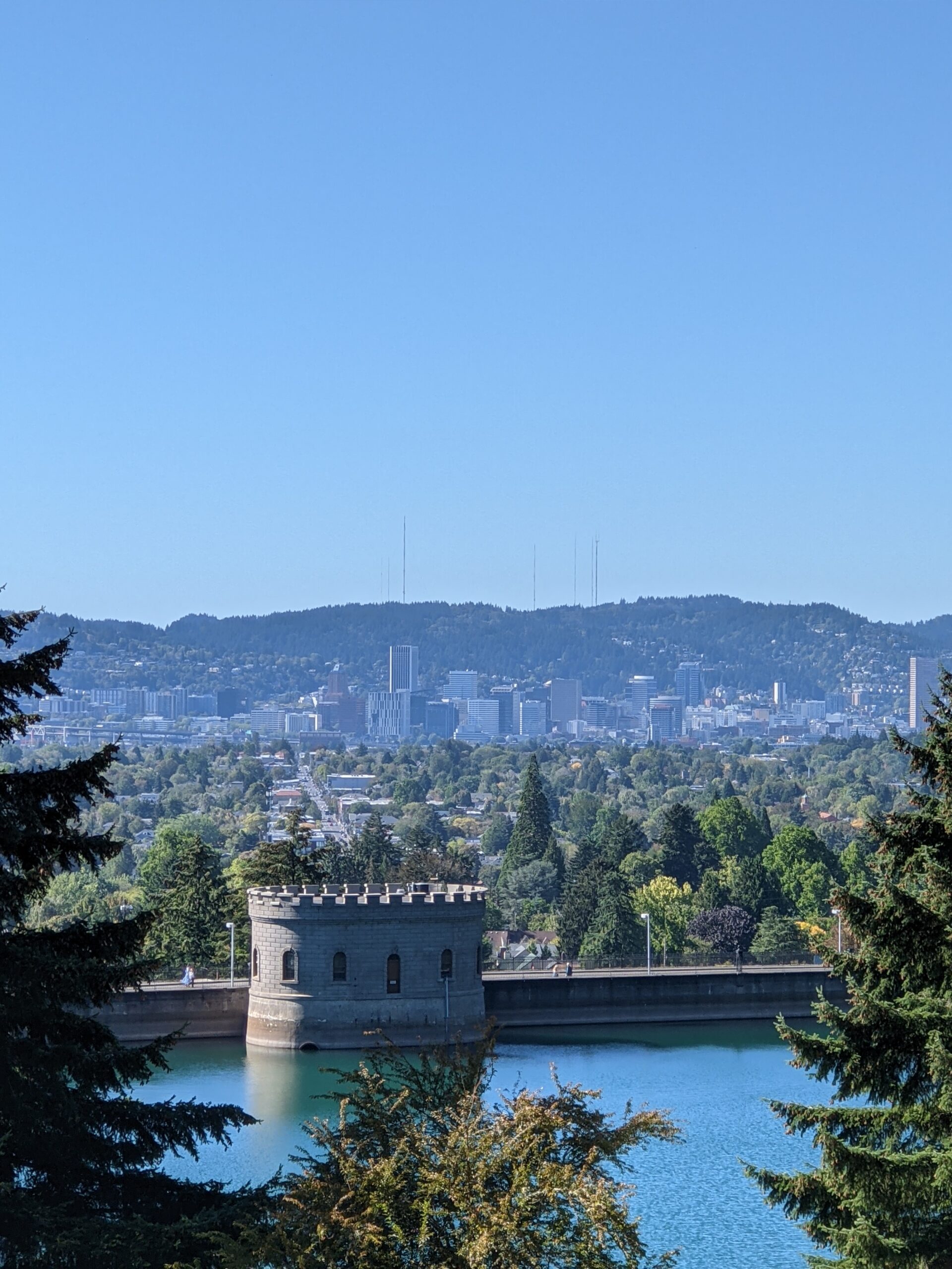 Pump house for Mount Tabor reservoir #5 with Downtown Portland in the distance