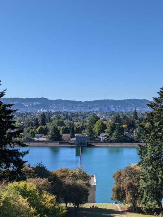 Mount Tabor Reservoir with Downtown Portland in distance