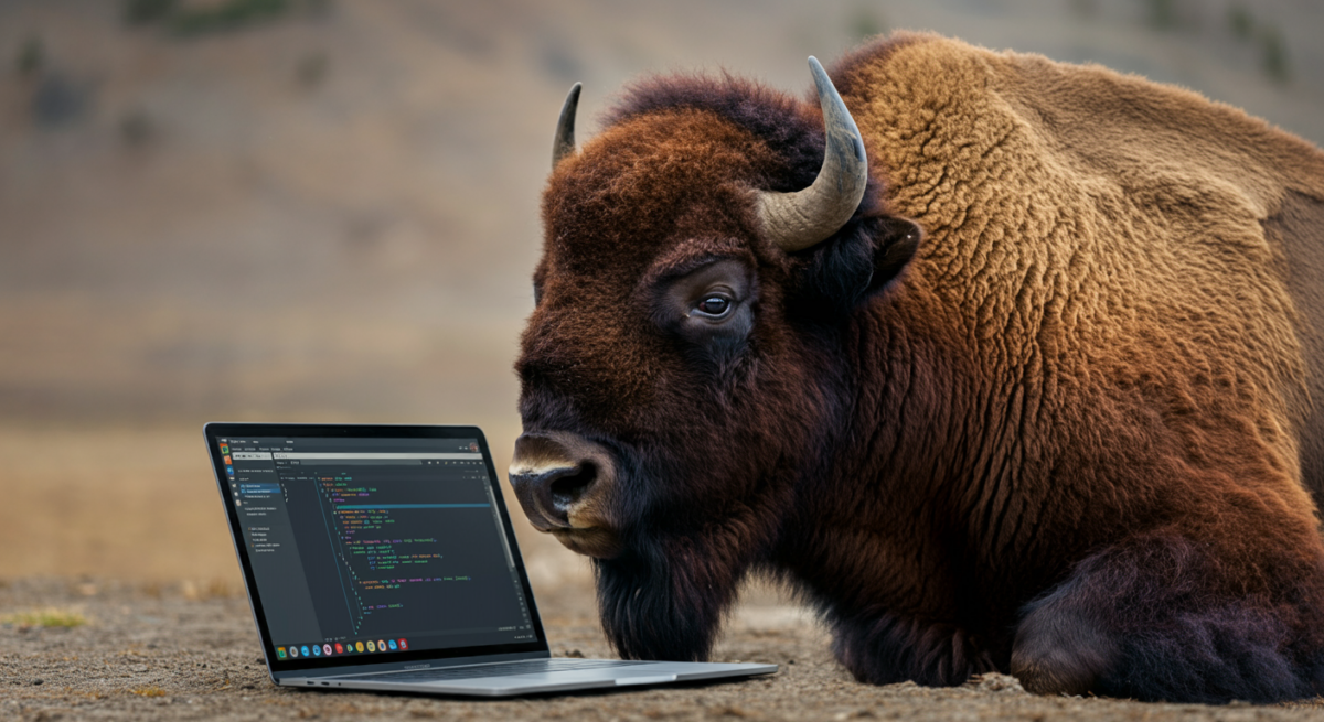 A bison sitting in front of a Chromebook