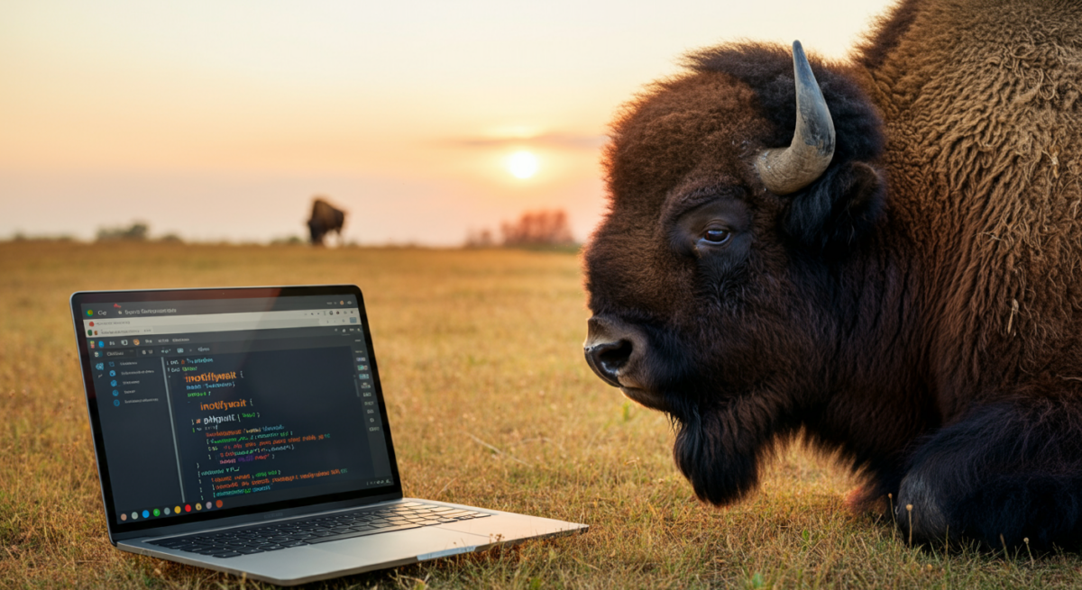 A bison looking at a Chromebook terminal Running PHPUnit Automatically During Development. The terminal clearly shows "inotifywait" and "phpunit"