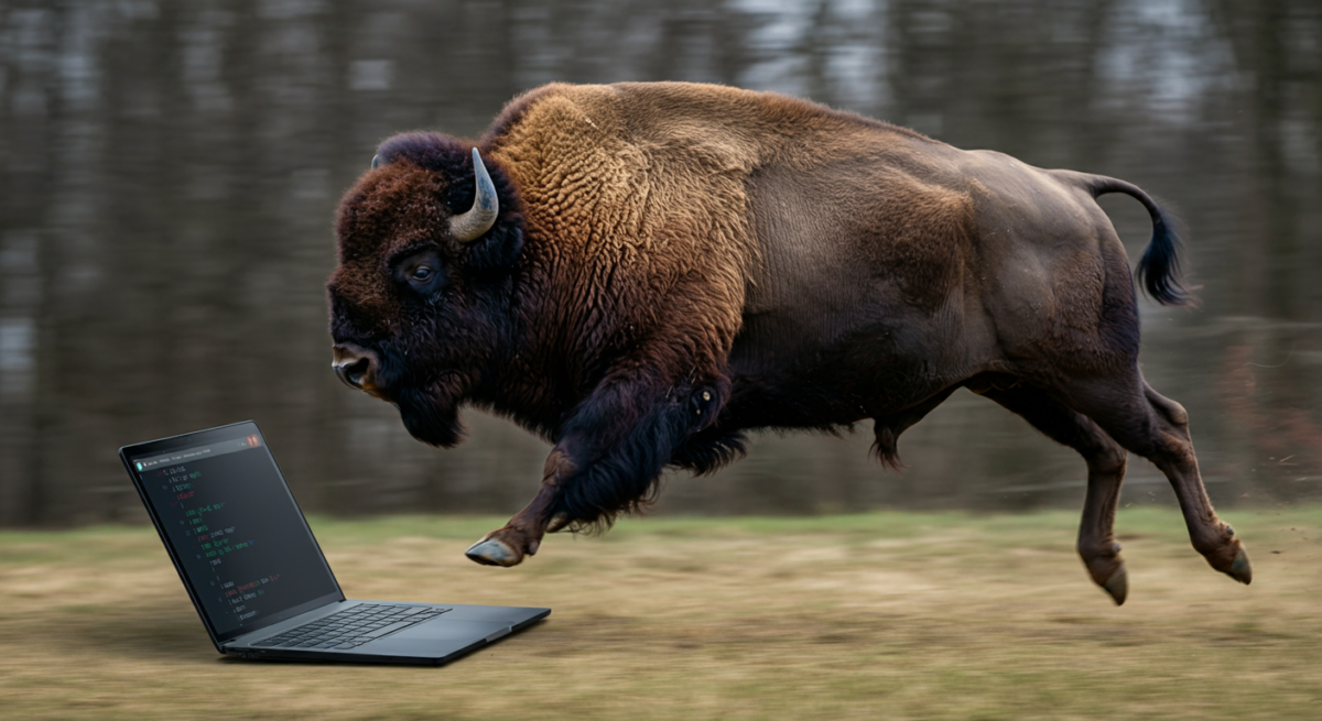 A bison running at full speed jumping over a Chromebook.