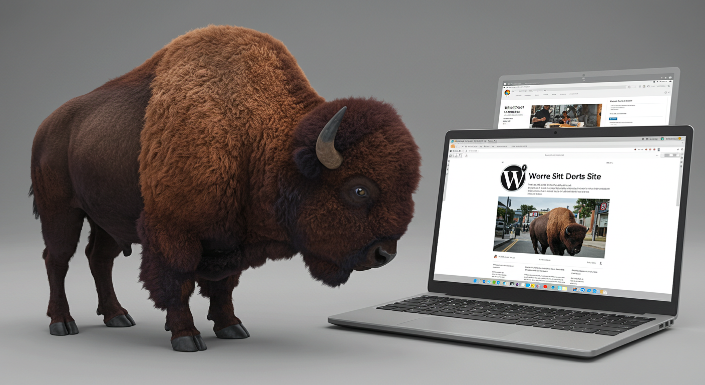 A bison is looking at an open Chromebook laptop. He is looking at a site made with WordPress. There is a semi-transparent copy of another page of that WordPress site floating behind the open laptop. The WordPress logo is clearly visible on the page.